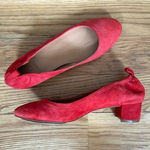 JCREW Burnt Orange Suede Shoe Stretchy Elastic Back Almond Toe Block Heels